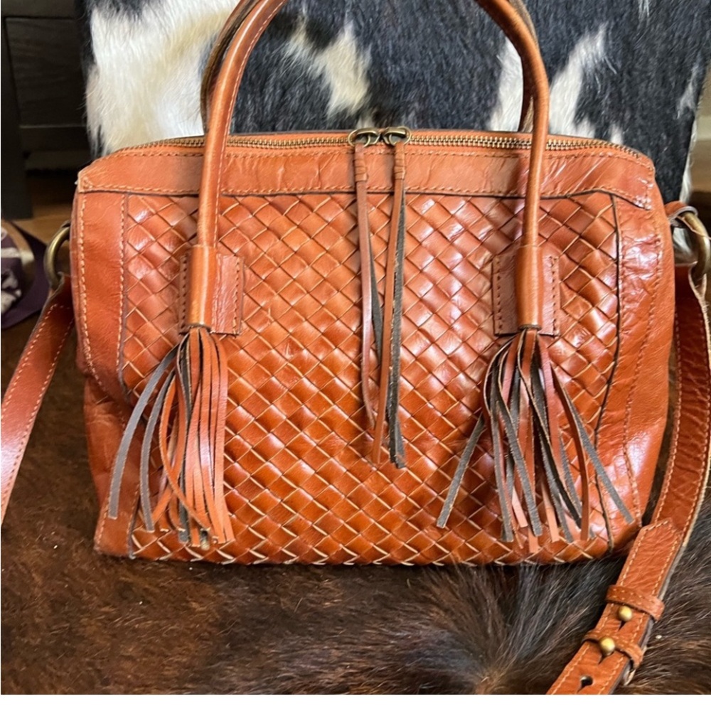 Noonday “Monterey” leather satchel rich brown woven with tassel accents